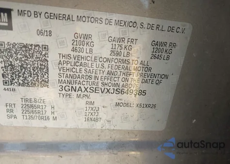 2018 Chevrolet Equinox Lt из США, поврежденный, VIN 3GNAXSEVXJS649385